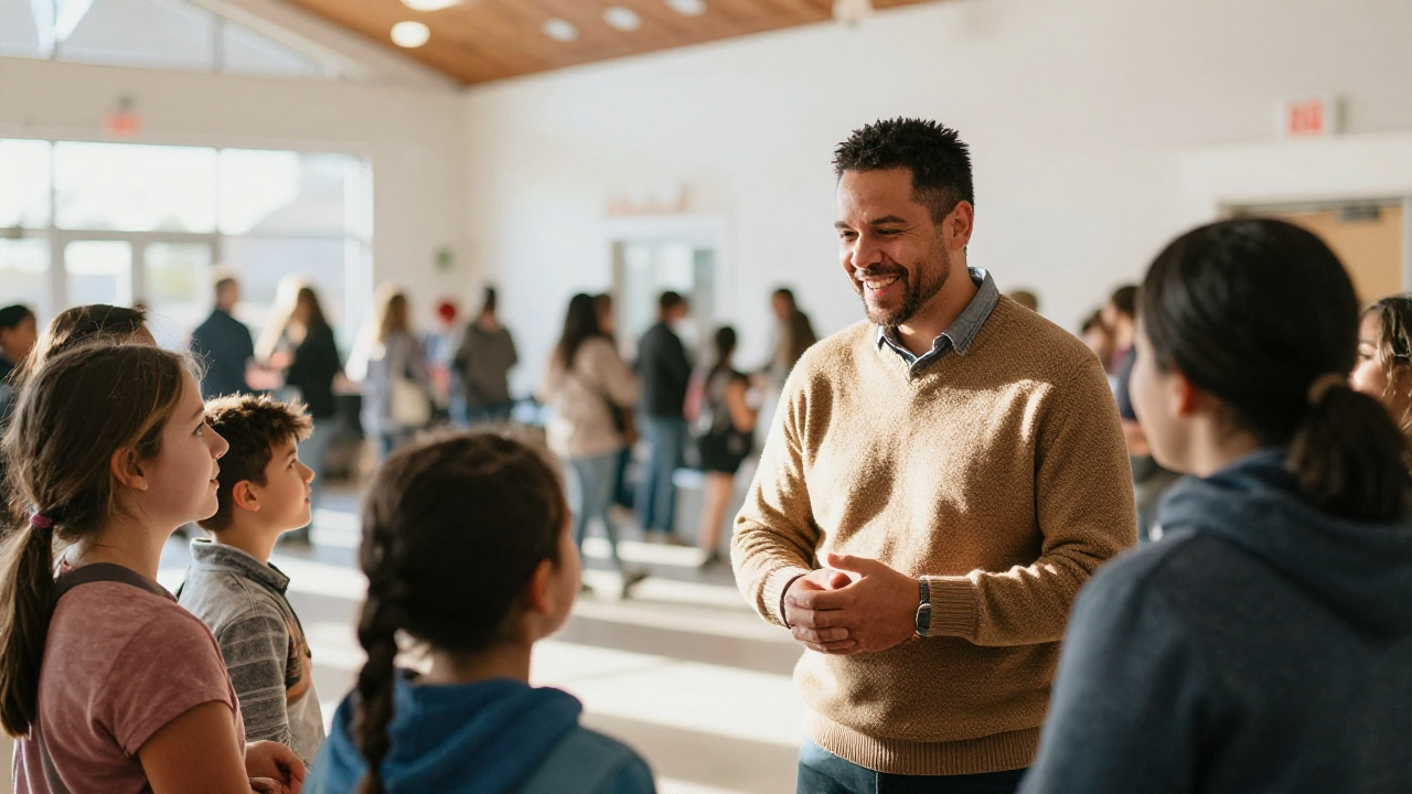 Pastor greeting a family in a warm church lobby