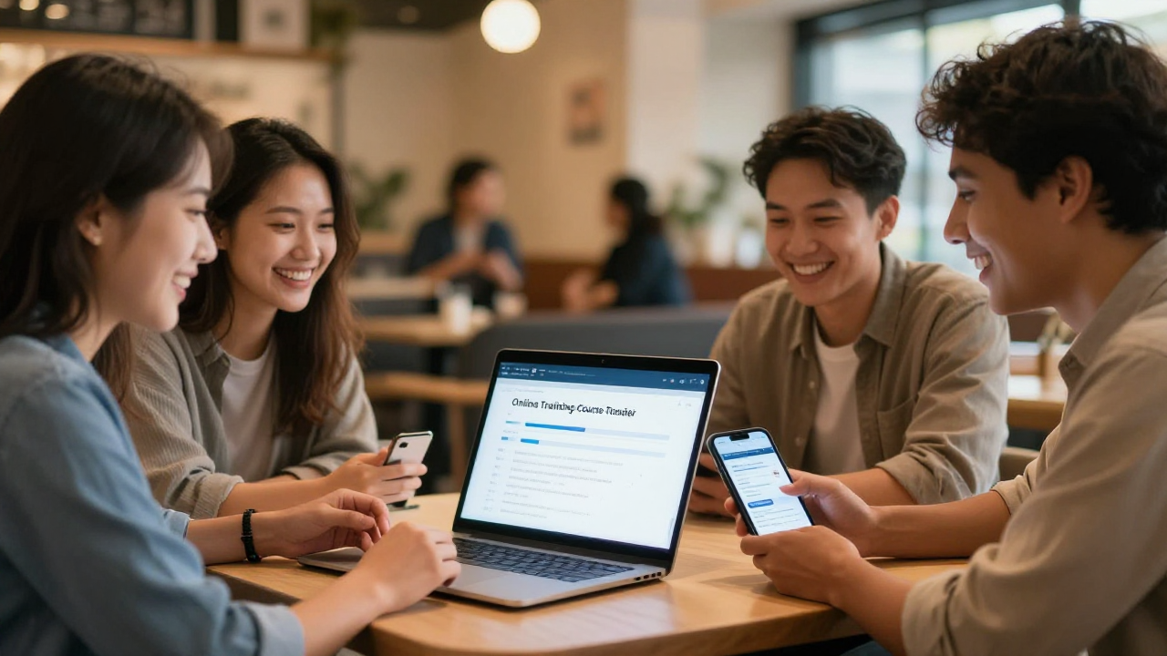 Diverse volunteers collaborating around a laptop and smartphone at a coffee shop