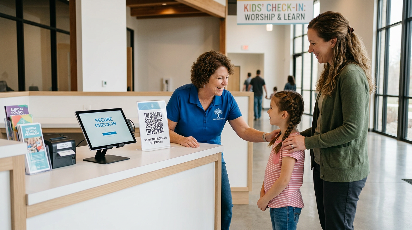 Secure church dismissal process with volunteers checking in families