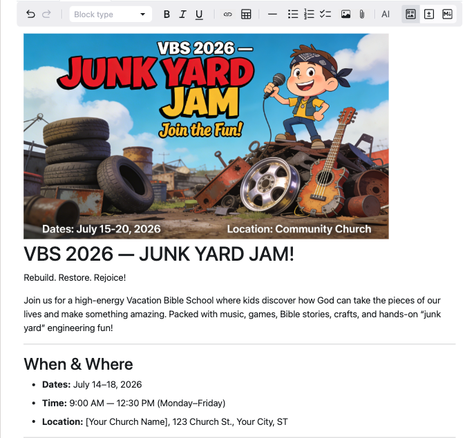 Visual event page and email editor