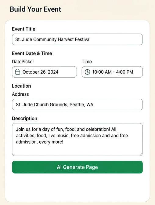 Event builder interface showing event page generation